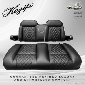 Kozip Front Seat Cushion Set – Black Base with White Piping – Black Cross Stitch for Club Car DS (1982-up)