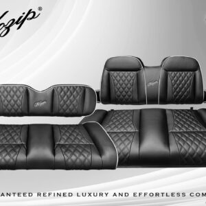 Kozip Front and Rear Seat Cushion Set – Black Base with White Piping – Black Cross Stitch for Club Car DS (1982-up)