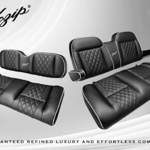 Kozip Front and Rear Seat Cushion Set – Black Base with White Piping – Black Cross Stitch for Club Car DS (1982-up)