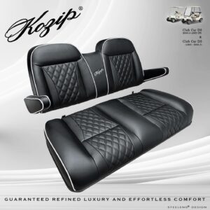 Kozip Front Seat Cushion Set – Black Base with White Piping – Black Cross Stitch for Club Car DS (1982-up)