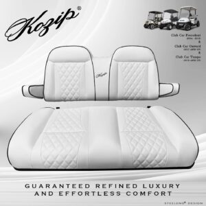 KOZIP Front Seat Cushion Set – White Base with Black Piping – White Cross Stitch for Club Car Precedent (2004-2018) / Club Car Tempo (2018-up) / Club Car Onward (2017-up)