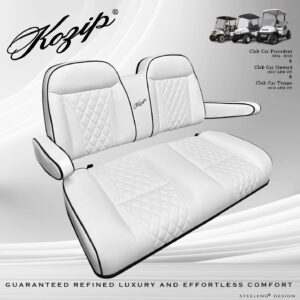 KOZIP Front Seat Cushion Set – White Base with Black Piping – White Cross Stitch for Club Car Precedent (2004-2018) / Club Car Tempo (2018-up) / Club Car Onward (2017-up)