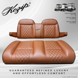 Kozip Front Seat Cushion Set – Brown Base with Black Piping – Brown Cross Stitch for Club Car Precedent (2004-2018) / Club Car Tempo (2018-up) / Club Car Onward (2017-up)