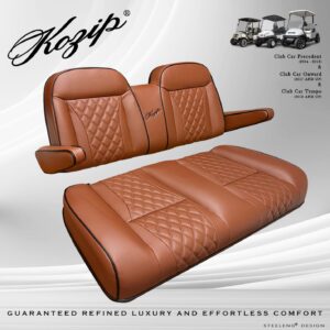 Kozip Front Seat Cushion Set – Brown Base with Black Piping – Brown Cross Stitch for Club Car Precedent (2004-2018) / Club Car Tempo (2018-up) / Club Car Onward (2017-up)