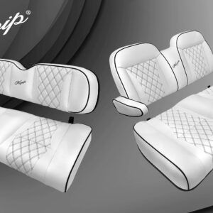 Kozip CCPR/Tempo/Onward Front and Rear Seat Cushion Set with NOMAD Seat frame (with roof supports) – White Base with Black Piping with White Stitching