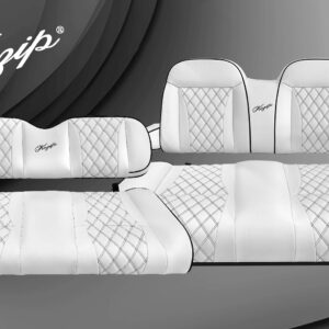 Kozip CCPR/Tempo/Onward Front and Rear Seat Cushion Set with NOMAD Seat frame (with roof supports) – White Base with Black Piping with White Stitching