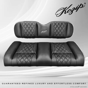 Kozip Front and Rear Seat Cushion Set – Black Base with White Piping – Black Cross Stitch for Club Car Precedent (2004-2018) / Club Car Tempo (2018-up) / Club Car Onward (2017-up)