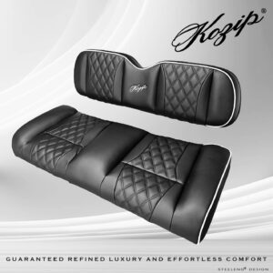 Kozip Front and Rear Seat Cushion Set – Black Base with White Piping – Black Cross Stitch for Club Car Precedent (2004-2018) / Club Car Tempo (2018-up) / Club Car Onward (2017-up)