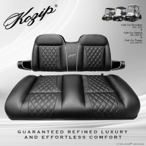 Kozip Front and Rear Seat Cushion Set – Black Base with White Piping – Black Cross Stitch for Club Car Precedent (2004-2018) / Club Car Tempo (2018-up) / Club Car Onward (2017-up)