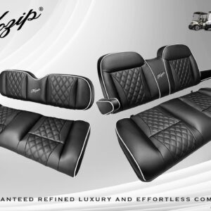 Kozip Front and Rear Seat Cushion Set – Black Base with White Piping – Black Cross Stitch for Club Car Precedent (2004-2018) / Club Car Tempo (2018-up) / Club Car Onward (2017-up)