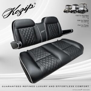 Kozip Front and Rear Seat Cushion Set – Black Base with White Piping – Black Cross Stitch for Club Car Precedent (2004-2018) / Club Car Tempo (2018-up) / Club Car Onward (2017-up)