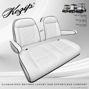 Kozip CCPR/Tempo/Onward Front and Rear Seat Cushion Set with NOMAD Seat frame (with roof supports) – White Base with Black Piping with White Stitching