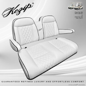Kozip Aeris Front and Rear Seat Cushion Set with NOMAD Seat frame for Club Car DS (2000.5-up) – White Base with Black Piping – White Stitching