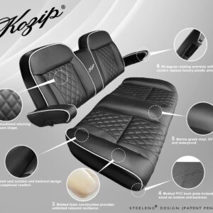 Kozip Aeris Front Seat Cushion Set – Black Base with White Piping – Black Cross Stitch for EZGO RXV/TXT
