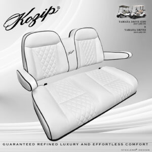 Kozip Aeris Front and Rear Seat Cushion Set – White Base with Black Piping-White Cross Stitch for Yamaha G29 (Drive)/Drive 2